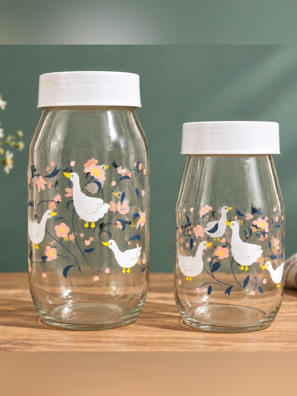 Vintage White Floral Duck Glass Storage Jar (set of 2)